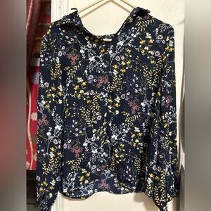 Forever 21 Womens Shirt Small Black Floral Print Flower Pattern Button Mock Neck